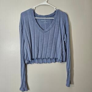 Aeropostale Blue Ribbed V-Neck Cropped Long Sleeve Top - Lettuce Hem - Size Med